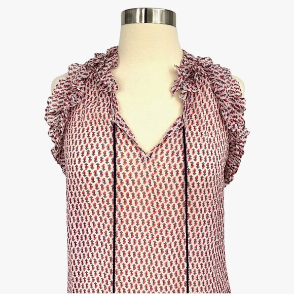 Figue Vera Tassel Top in Multi Red Ruffled Sheer Size S 100% Silk Sleeveless - Picture 2 of 9